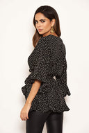 Black Frill Spotted Wrap Top
