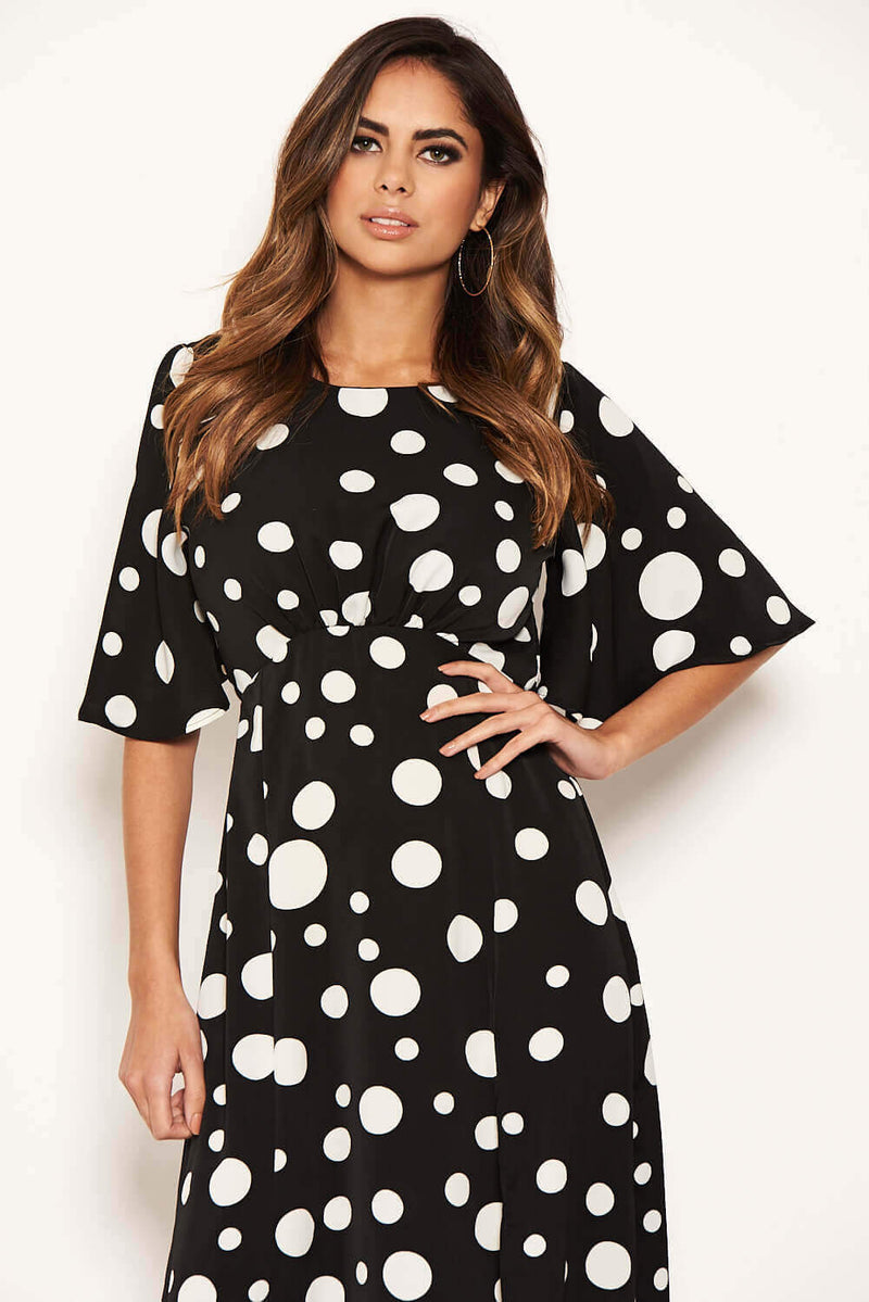 Black Polka Dot Ruffle Sleeve Split Dress