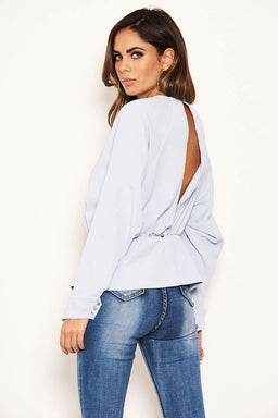 Blue Long Sleeve Pleated Top