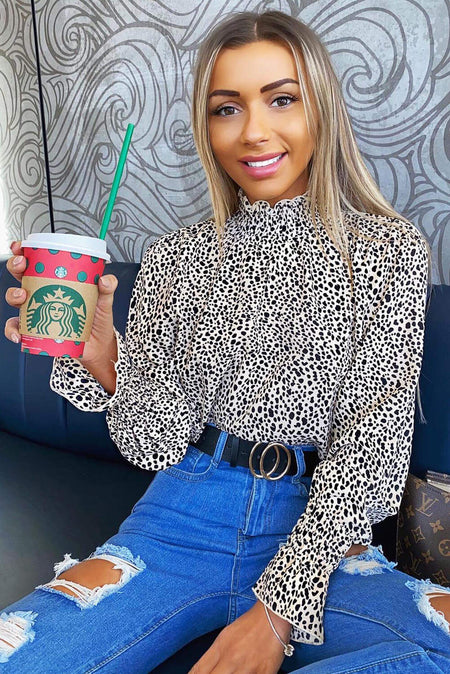 Beige Spotty High Neck Elasticated Top