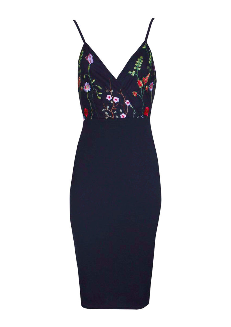 Black 2 in 1 Embroidered Bodycon Dress With Strap Detail