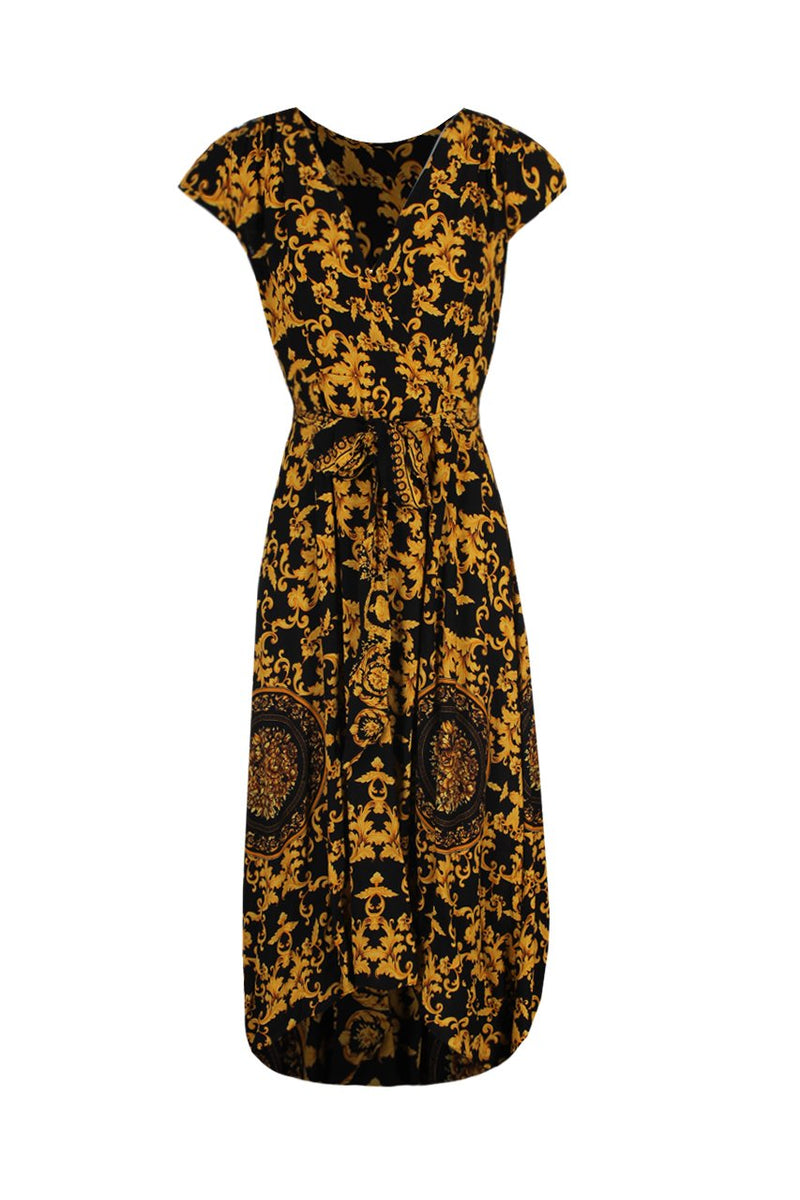 Black And Gold Patterned Wrap Over V Neck Dress