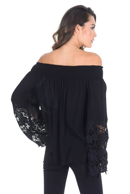 Black Bardot Top with Crochet Sleeves