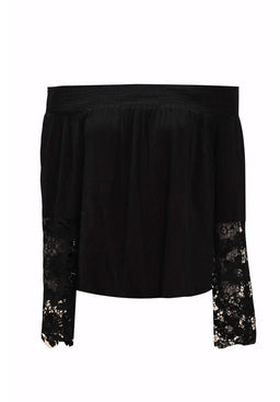 Black Bardot Top with Crochet Sleeves