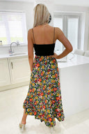 Black Bright Floral Printed Wrap Skirt