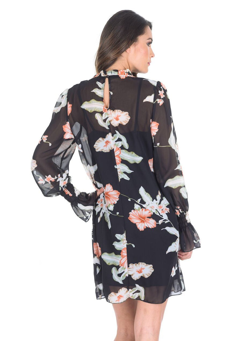 Black Chiffon Printed Dress With Elasticated Bell Sleeves