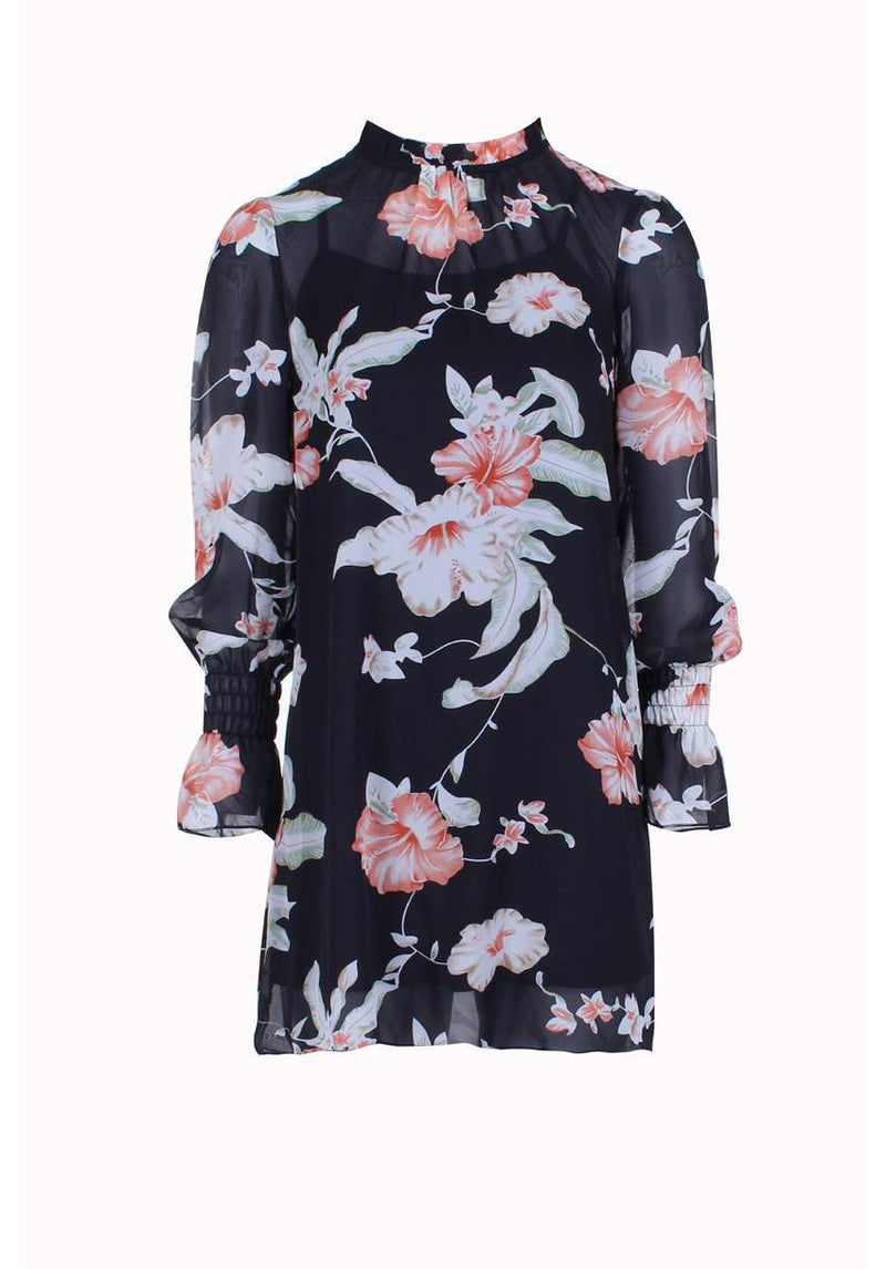 Black Chiffon Printed Dress With Elasticated Bell Sleeves