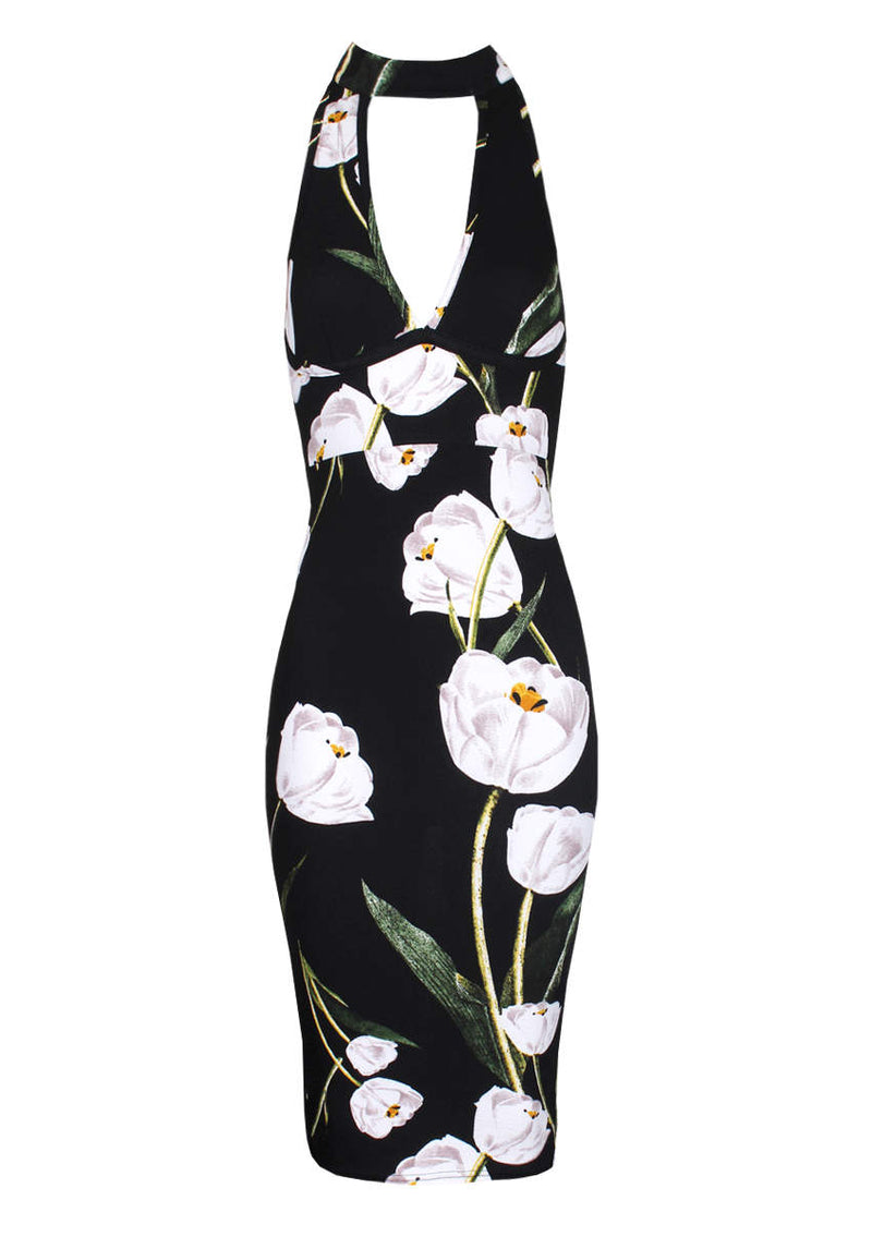Black Choker Floral Midi Dress
