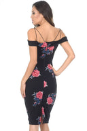 Black Cold Shoulder Floral Bodycon Midi Dress