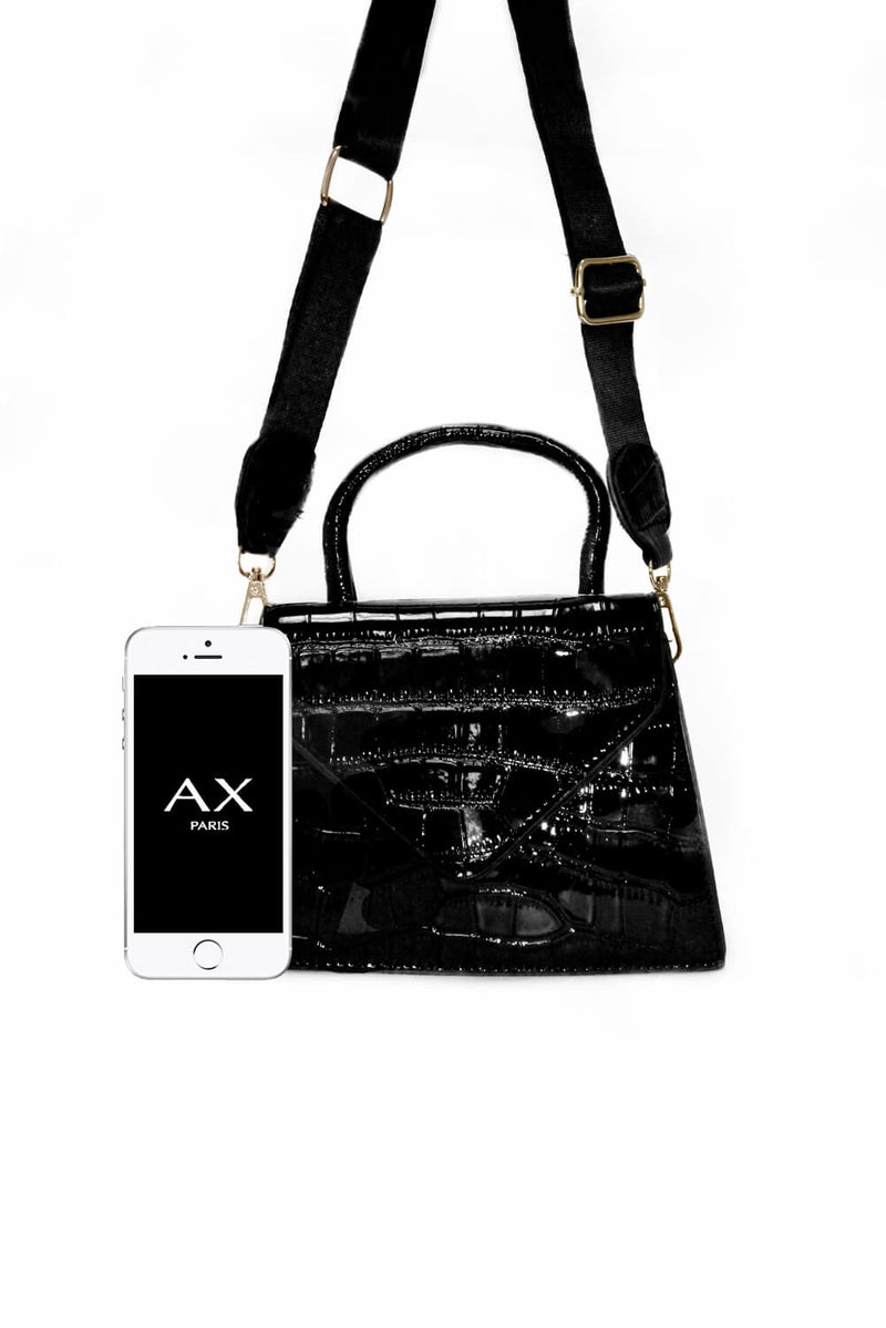 Black Croc Patent Bag With Thick Strap