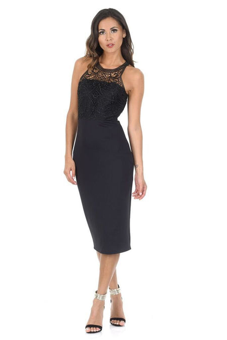Black Crochet High Neck Midi Dress