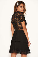 Black Crochet Pleated Tiered Dress