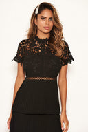 Black Crochet Pleated Tiered Dress