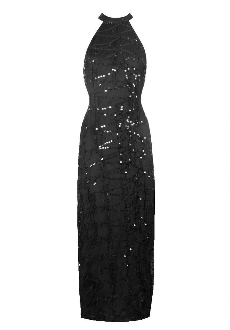 Black Cut In Neck Sequin Maxi Dress