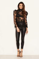 Black Embroidered Sheer Puff Sleeve Top