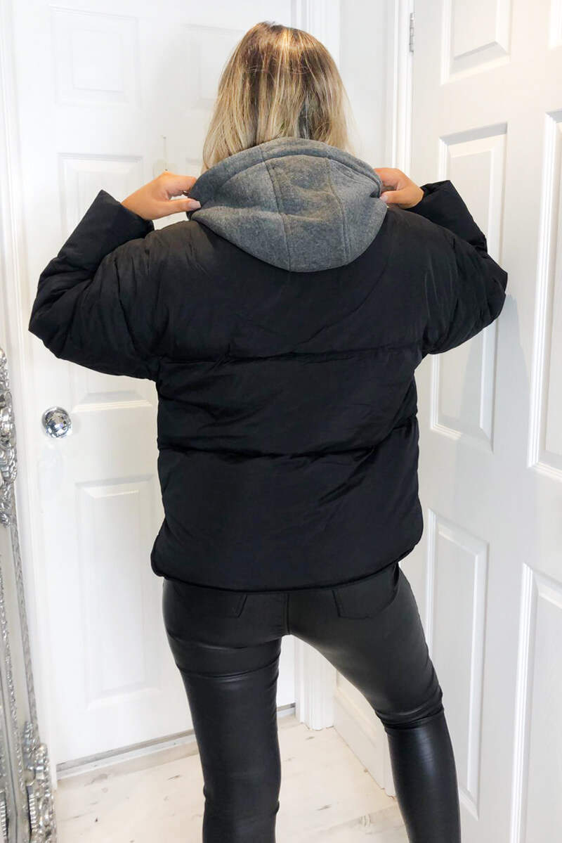 Black Fabric Hood Puffer Jacket