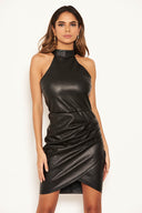 Black Faux Leather Ruched Dress