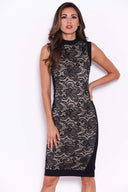 Black Fitted Lace Midi Dress With High Neck