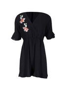 Black Floral Embroidered Frill Detail Dress