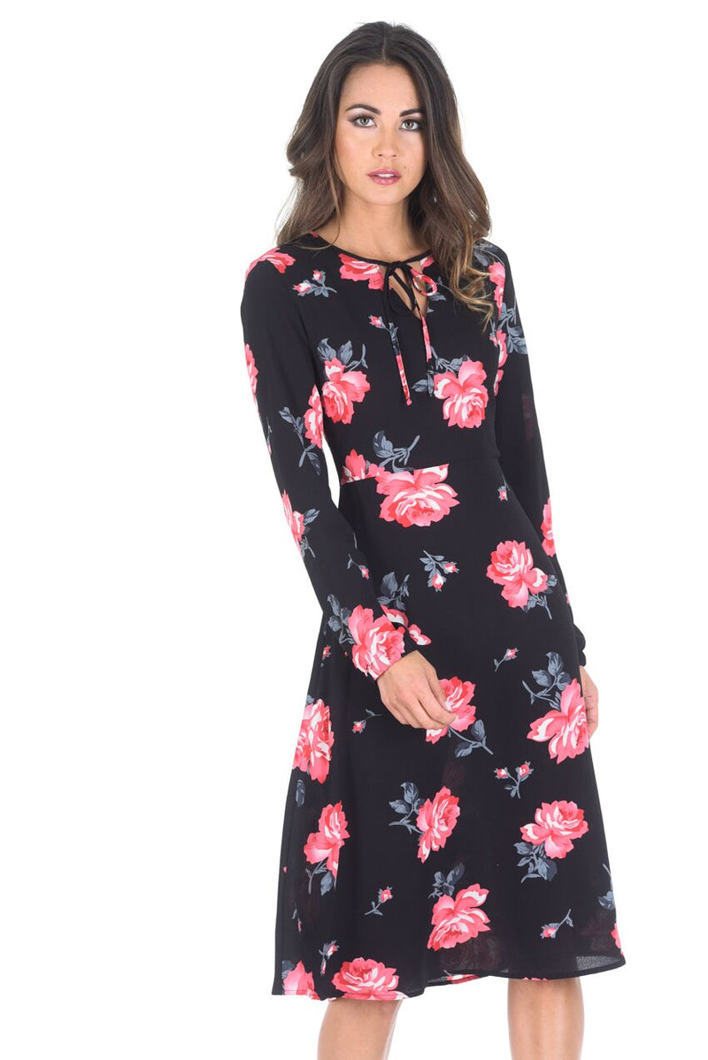 Black Floral Floaty Dress with Tie Detail