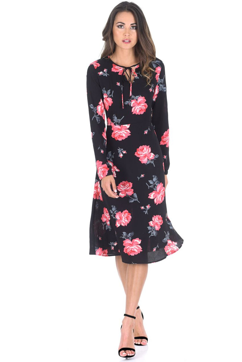 Black Floral Floaty Dress with Tie Detail