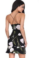 Black Floral Mid V Neck Frill Hem Dress