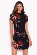 Black Floral Mini Dress With High Neck