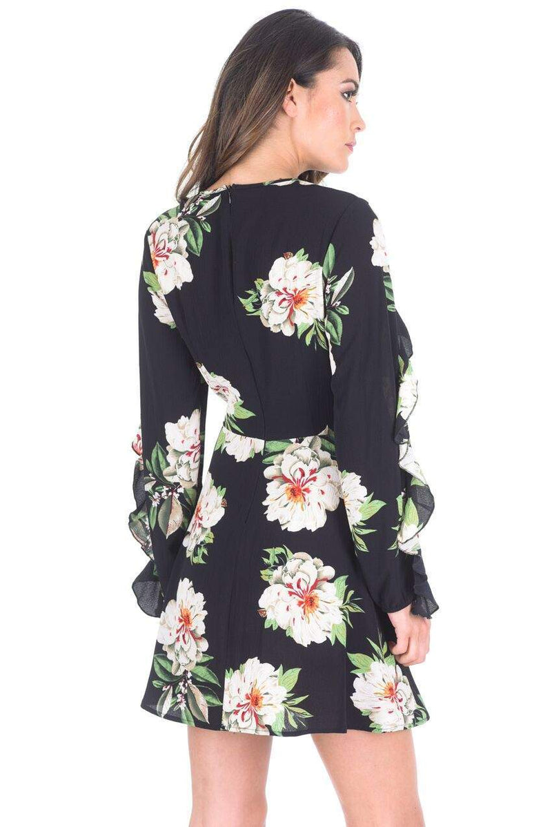 Black Floral Mini dress with Frill Trim