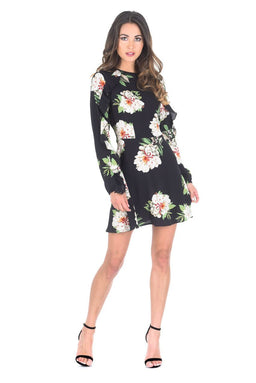 Black Floral Mini dress with Frill Trim