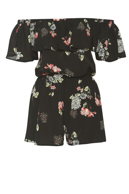 Black Floral Print Bardot Playsuit