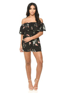 Black Floral Print Bardot Playsuit