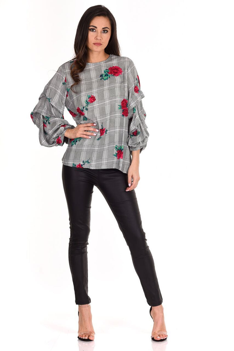 Black Floral Print Ruffle Sleeve Top