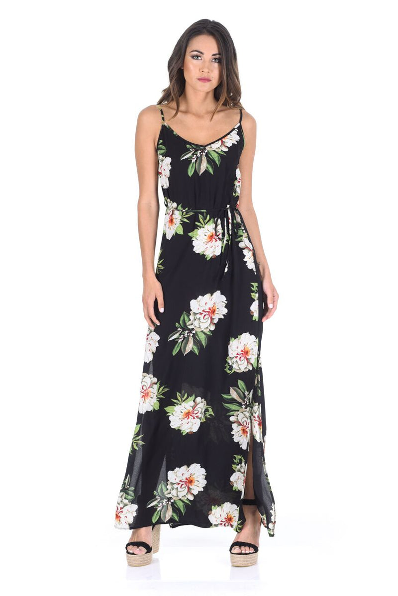 Black Floral Print Split Maxi Dress