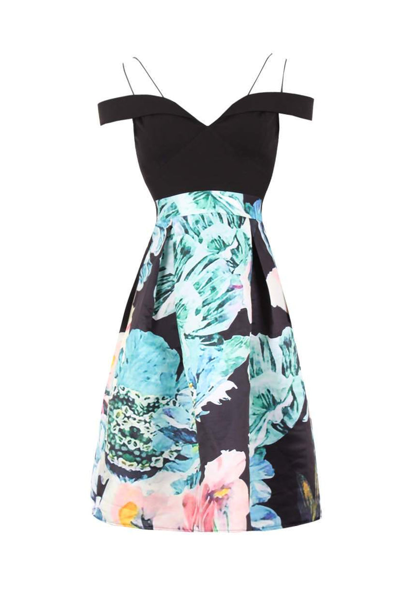 Black Floral Printed Skater Dress