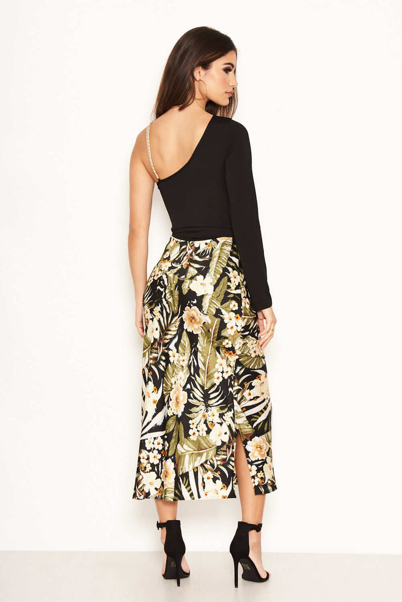 Black Floral Satin Midi Skirt