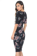 Black Floral Short Sleeved Midi Dress