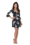 Black Floral V Neck Bell Sleeve Dress