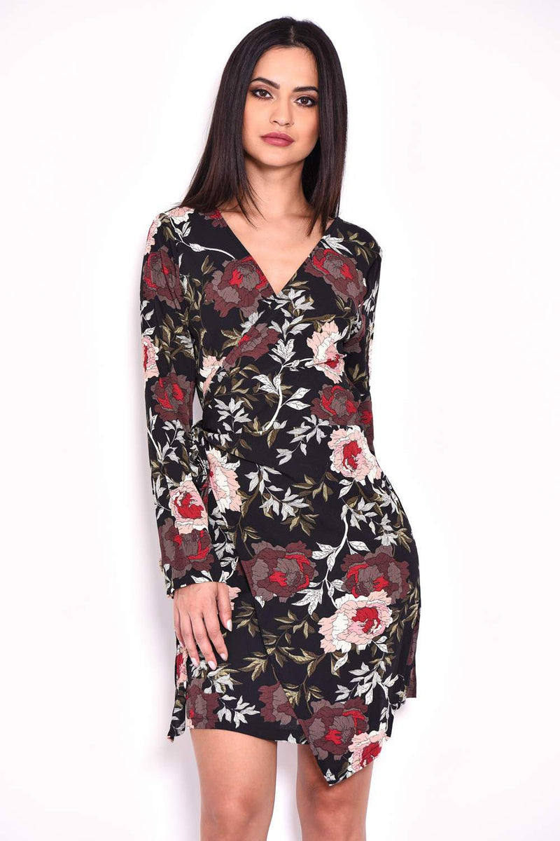 Black Floral Wrap Dress