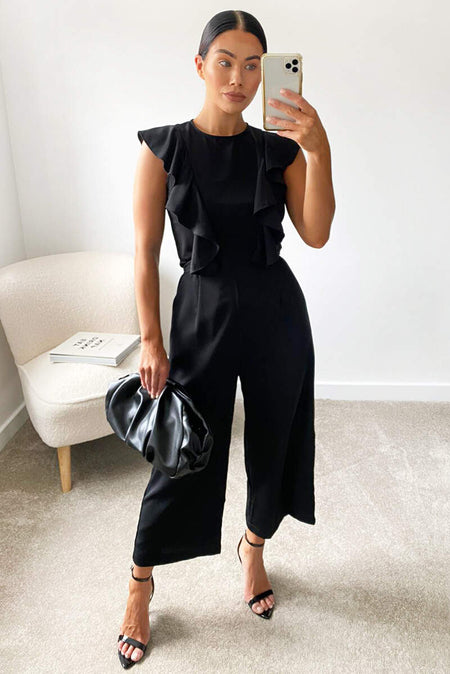 Black Frill Tie Culotte Jumpsuit