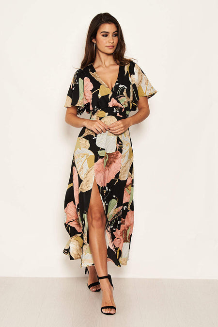 Black Gathered Waist Floral Split Maxi Dress