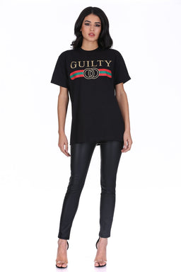 Black Glitter Guilty Slogan Top