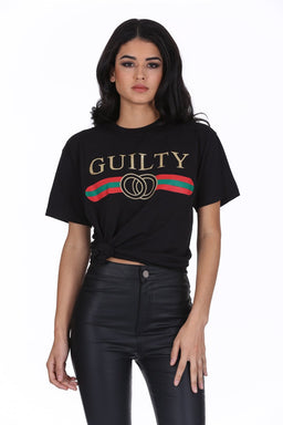 Black Glitter Guilty Slogan Top