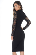 Black High Neck Lace Sleeve Midi Dress