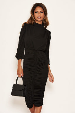Black High Neck Ruched Midi Dress