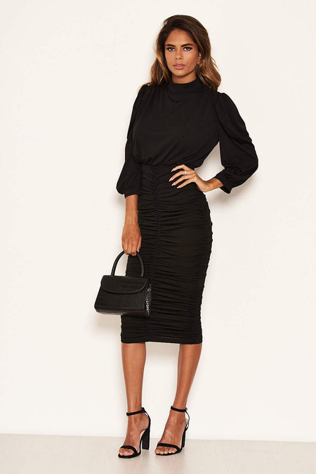 Black High Neck Ruched Midi Dress
