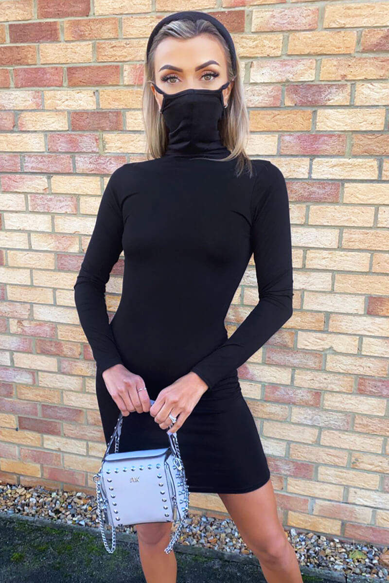 Black Jersey Long Sleeve Mask Bodycon Dress