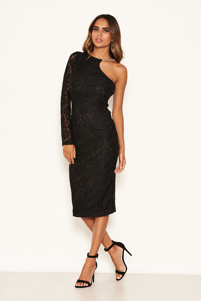 Black Lace One Shoulder Dress With Chain Detail