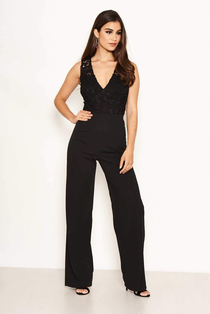 Black Lace V Neck Top Jumpsuit