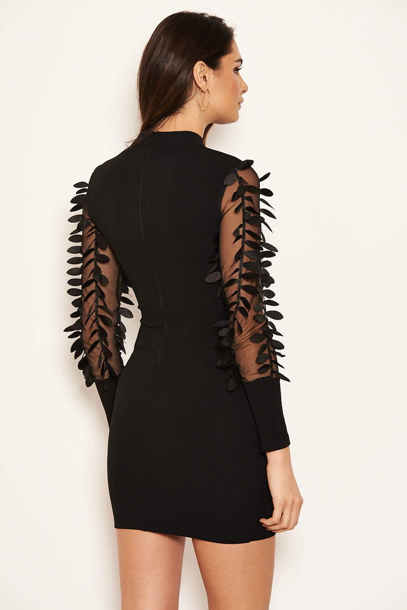 Black Leaf Mesh Sleeve Bodycon Dress