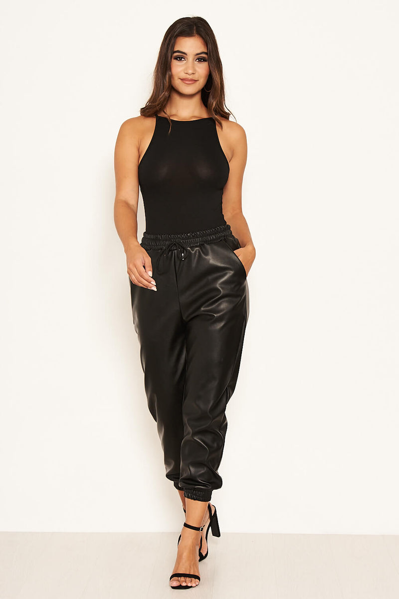 Black Faux Leather Joggers